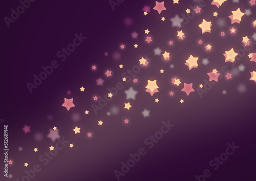 Gwiazdy na ciemnym fioletowym tle. Mieniące się, migające złote gwiazdy na wieczornym niebie. Tło do projektów. Minimalistyczna baśniowa kompozycja.