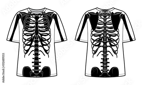 Skeleton costume Human bones on t-shirts front back view men women, children for Halloween, festivals for Day of the dead flat black color concept Vector illustration of anatomy isolated