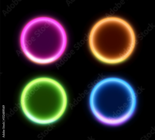 Neon light circle ring. Purple glow laser neon round vector effect circle frame background yellow blue and green.