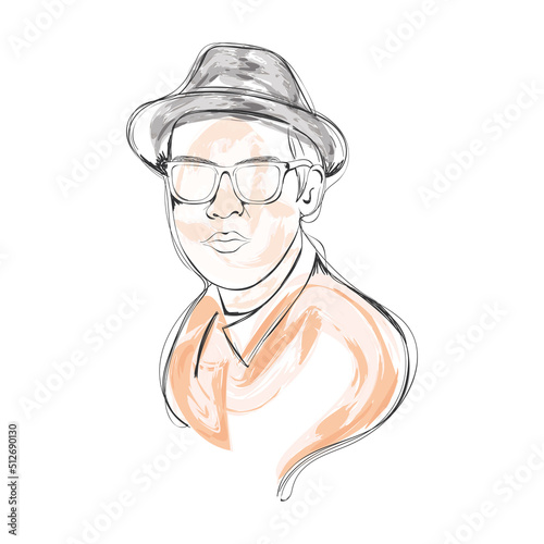 Isolated watercolor sketch of a hispter with glasses Vector
