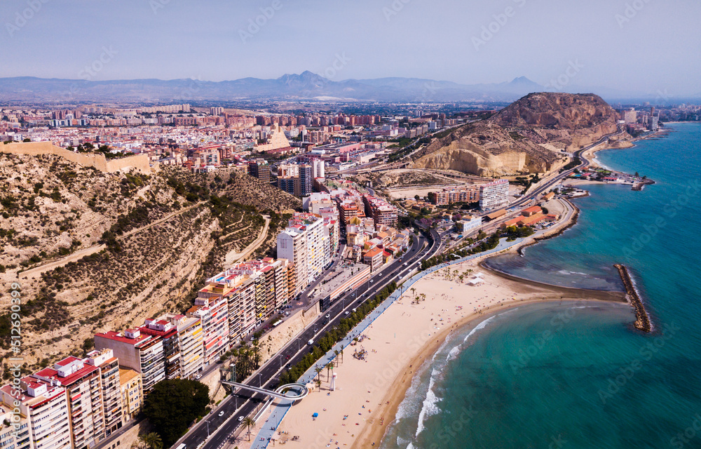 Panoramic view of Alicante sand beach, city and Santa Barbara castle