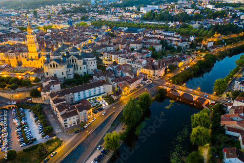 Aerial view of Perigueux city illuminated at night, Perigord Blanc, Dordogne..