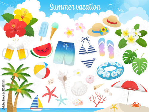 夏と海のレジャーセット _ベクターイラスト