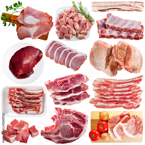 Collection of raw pork meat isolated on white background