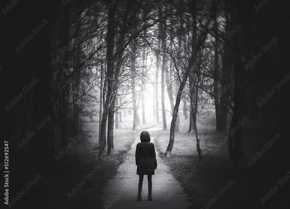 Girl on the road in a mysterious forest. Background wallpaper. Strange forest. Mystic atmosphere. Dark scary road. Paranormal another world. Ghost in the fog. The pursuit. Horrible dream. Girl on the road in a mysterious forest. Background wallpaper. Strange forest. Mystic atmosphere. Dark scary road. Paranormal another world. Ghost in the fog. The pursuit. Horrible dream.
