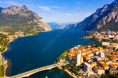 Panoramic aerial cityscape of Italian Lecco and Como lake