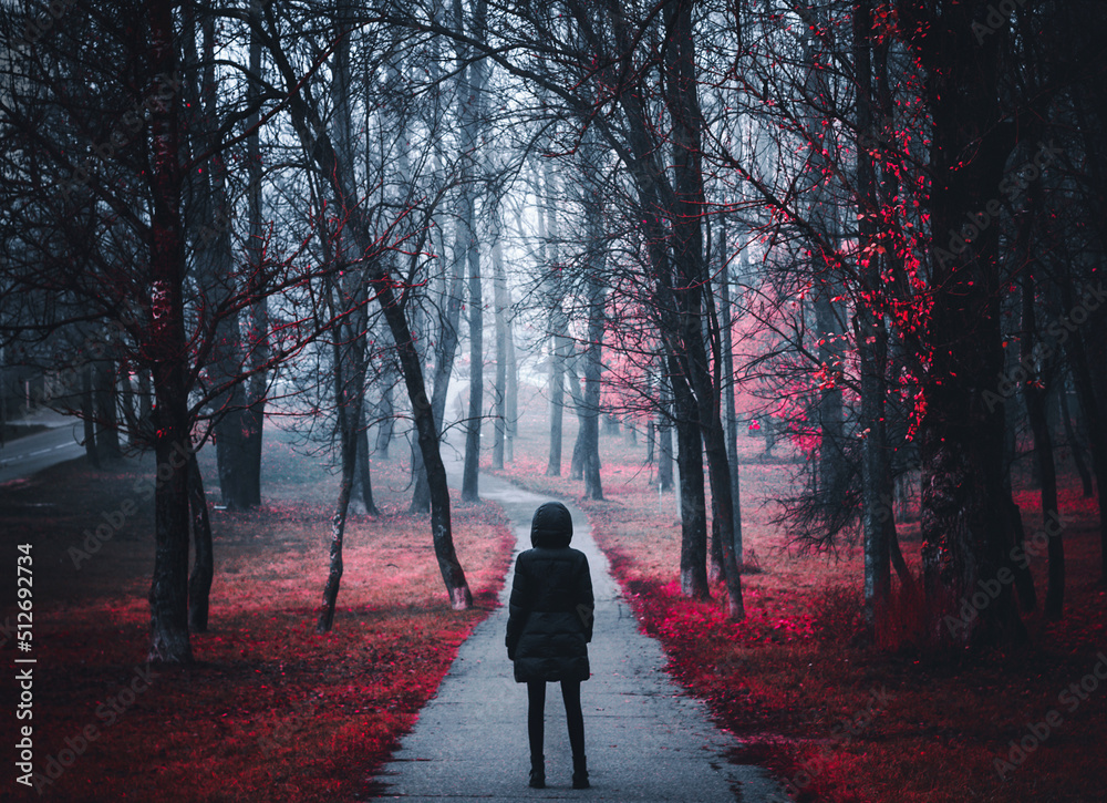 Girl on the road in a mysterious forest. Background wallpaper. Strange forest. Mystic atmosphere. Dark scary road. Paranormal another world. Ghost in the fog. The pursuit. Horrible dream. Girl on the road in a mysterious forest. Background wallpaper. Strange forest. Mystic atmosphere. Dark scary road. Paranormal another world. Ghost in the fog. The pursuit. Horrible dream.