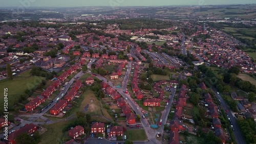 Red brick Council Estate Housing typical of a large percent of UK homes in the West Yorkshire region
Shot by drone at sunset. photo