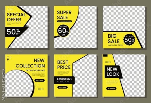 Set of Fashion Advertising Banner In Black Yellow Color. Abstract of Social Media Share Square Template Design. Suitable for Social Media Post And Web Ads
