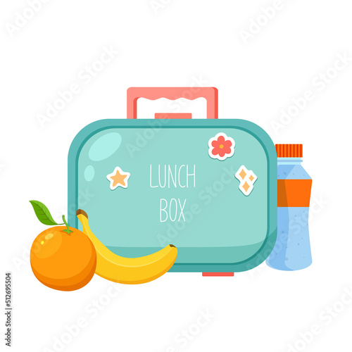 School lunchbox with a snack, bottle of water, banana, and orange. Eating and healthy food concept photo