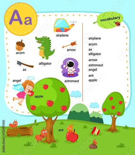 Alphabet Letter A education vocabulary illustration, vecto