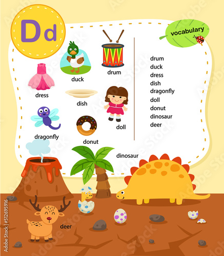 Alphabet Letter D education vocabulary illustration, vector