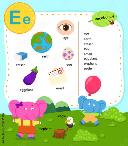 Alphabet Letter E education vocabulary illustration, vector