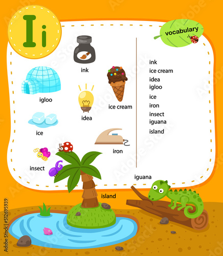 Alphabet Letter I education vocabulary illustration, vector