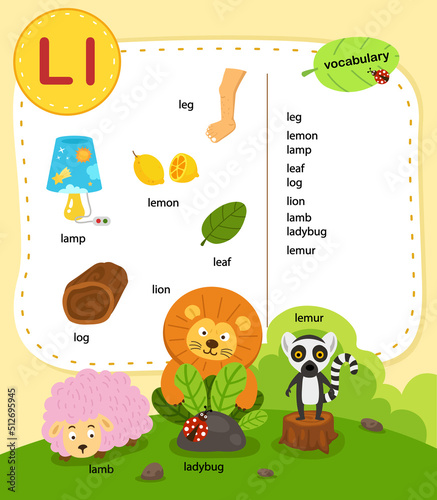 Alphabet Letter L education vocabulary illustration, vector