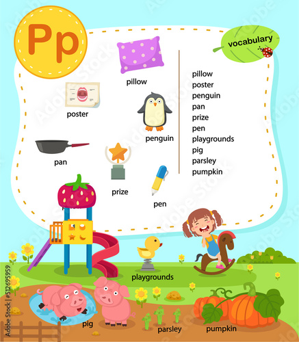 Alphabet Letter P education vocabulary illustration, vector