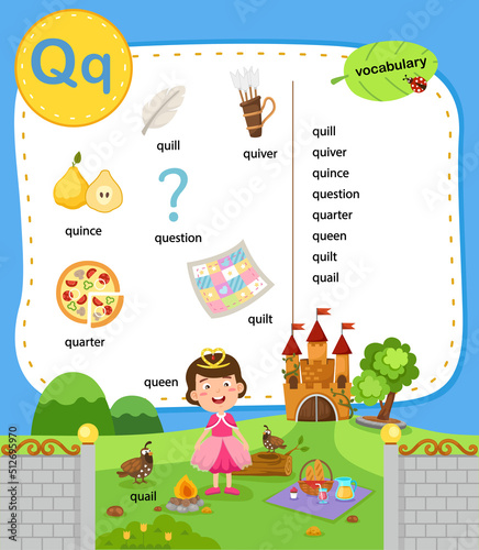 Alphabet Letter Q education vocabulary illustration, vector