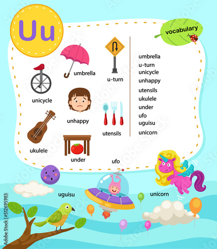 Alphabet Letter U education vocabulary illustration, vector