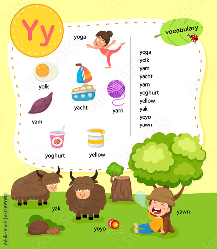 Alphabet Letter Y education vocabulary illustration, vector
