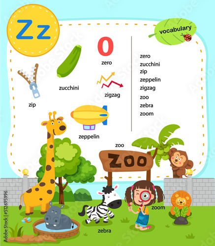 Alphabet Letter Z education vocabulary illustration, vector