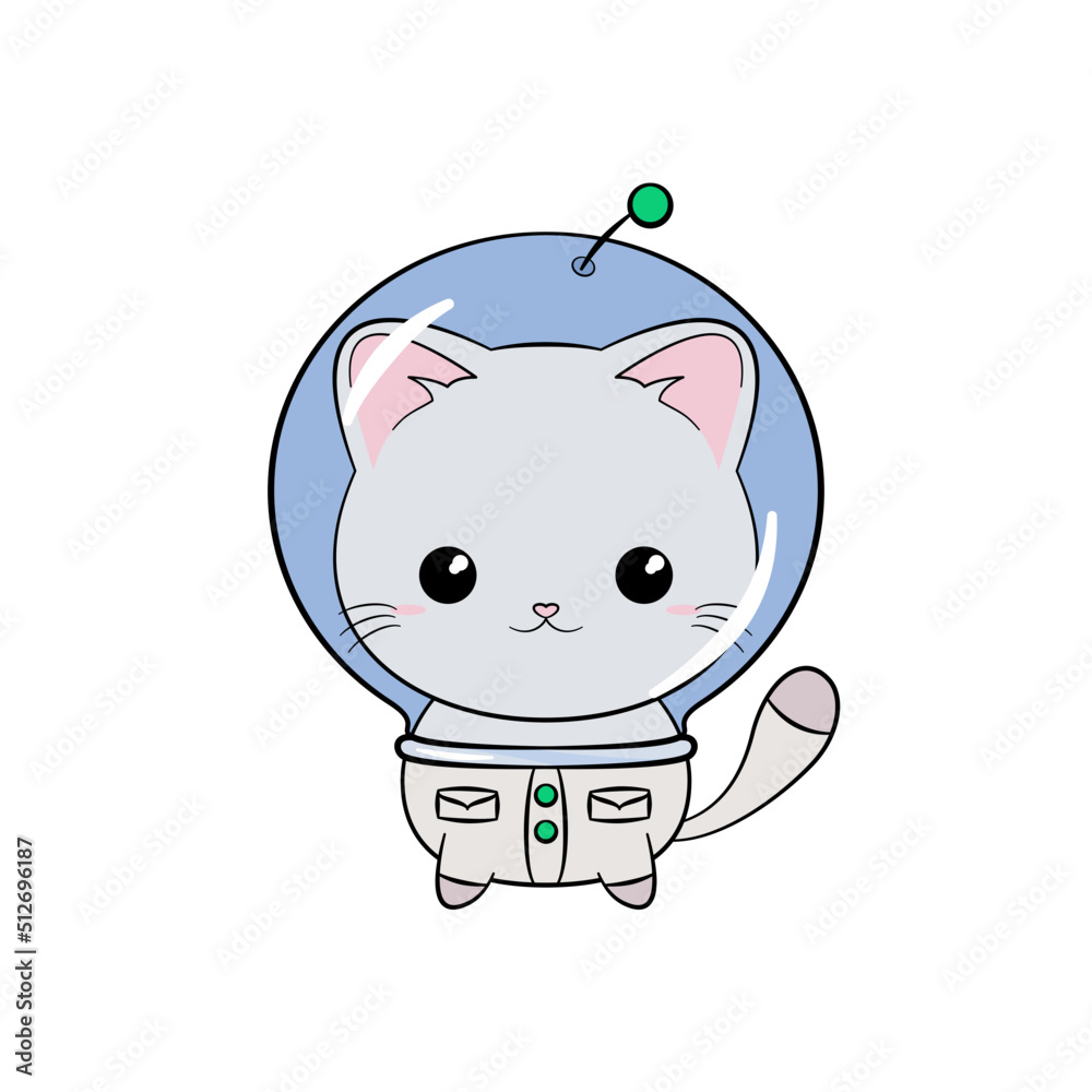 Kosmiczny kotek w kasku i skafandrze. Zabawny i uroczy kot astronauta, szukających przygód w kosmosie. Ilustracja wektorowa. - obrazy, fototapety, plakaty 