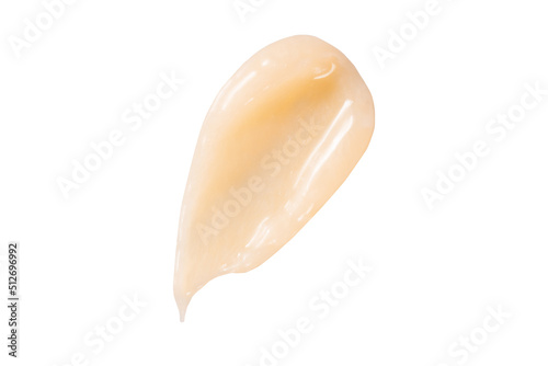 Hair conditioner cream swatch smear on white background. Yellow cosmetic lotion moisturiser sample closeup. Body care balm, retinol serum, shampoo wavy texture. Skincare mask, creamy cleanser product