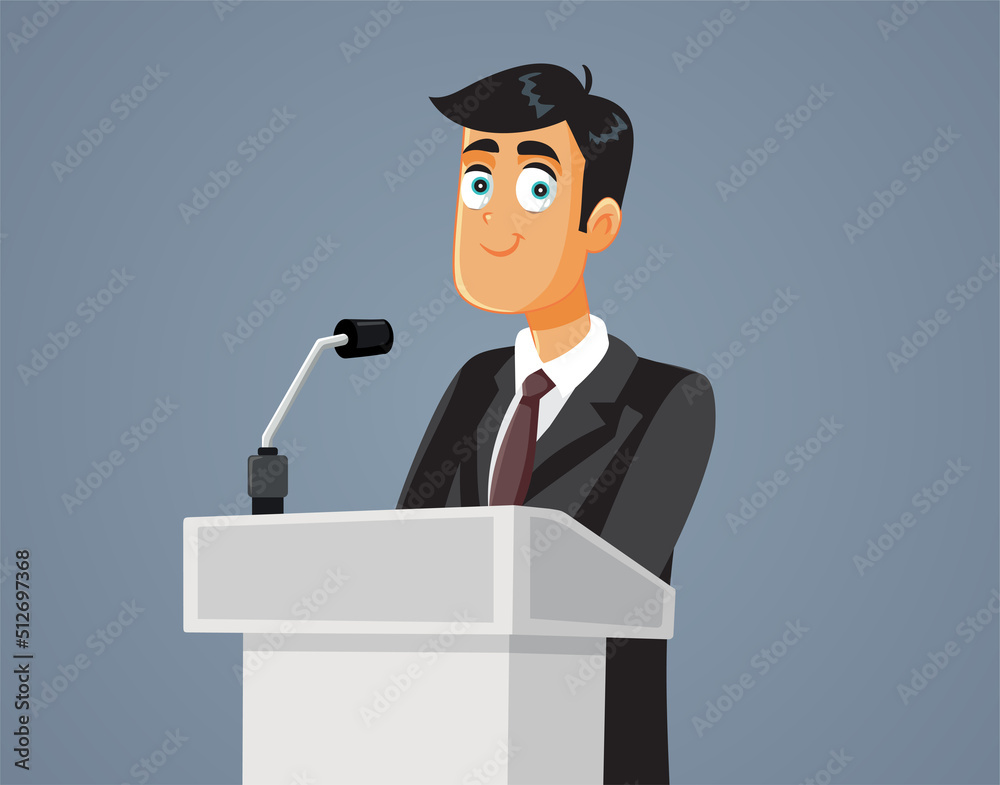 Young Politician Giving a Speech Vector Cartoon Illustration. Spokesman giving a presentation from the tribune at press conference
