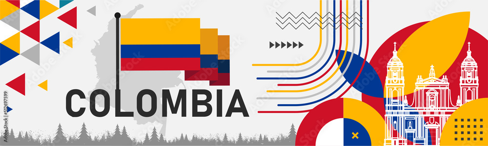 Fototapeta premium Colombia national day banner with map, flag colors theme background and geometric abstract retro modern blue red yellow design. Colombian theme. Bogota Vector Illustration.
