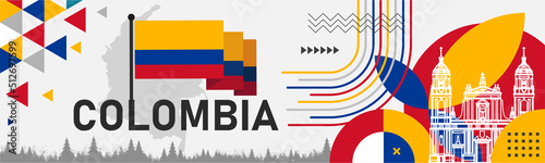 Colombia national day banner with map, flag colors theme background and geometric abstract retro modern blue red yellow design. Colombian theme. Bogota Vector Illustration.
