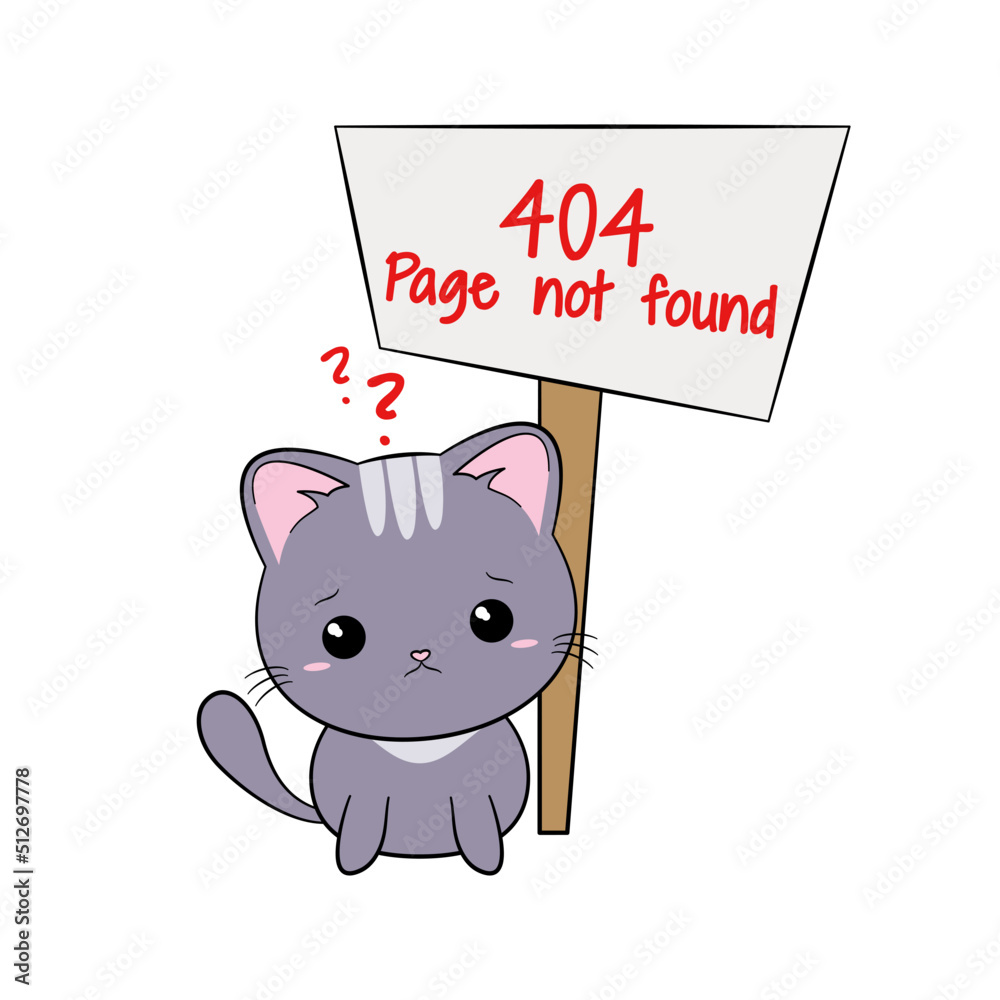 Błąd 404 - strona nie znaleziona. Smutny, zmartwiony kot i baner z napisem. Ilustracja z informacją "404 Page not found". - obrazy, fototapety, plakaty 