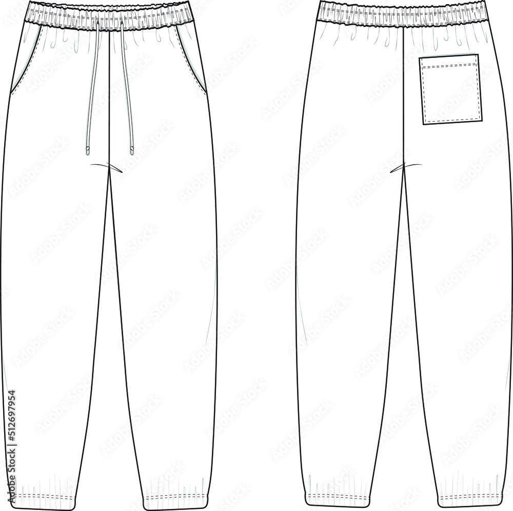 Cuff Sweatpants Flat Technical Drawing Illustration Five Pocket Classic  Blank Streetwear Mock-up Template for Design Tech Packs CAD Joggers Stock  Vector