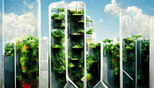 Vertical farming, soilless farming and controlled environment agriculture techniques including hydroponics and aeroponics, conceptual illustration photo