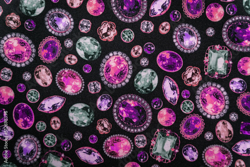 Pink jewel pattern print on a black textile fabric bg, diamonds and rubies