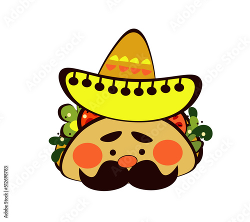Tacos character sombrero doodle, traditional Mexican food, doodle sketch style vector illustration 