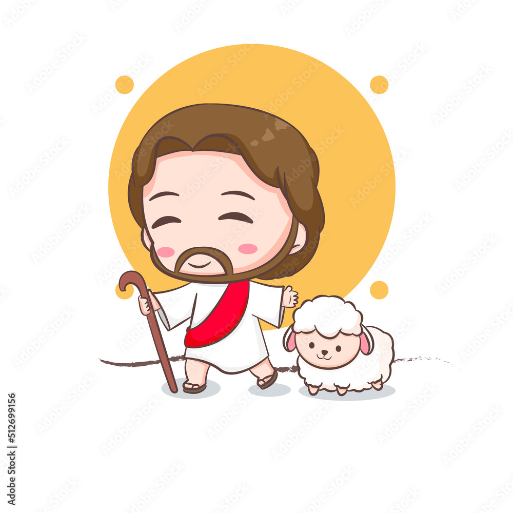 Cute Jesus and the sheep . Chibi cartoon character isolated white background. Cute Jesus and the sheep . Chibi cartoon character isolated white background.