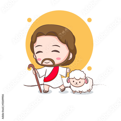 Cute Jesus and the sheep . Chibi cartoon character isolated white background.