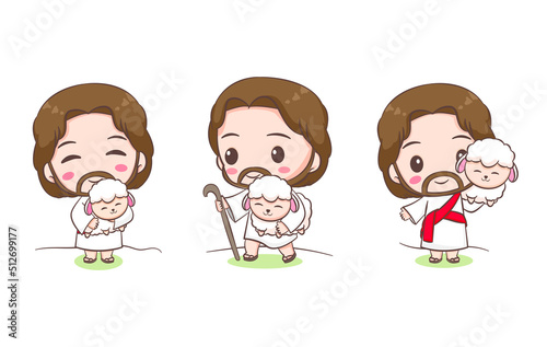 Set collection Cute Jesus and the sheep . Chibi cartoon character isolated white background.
