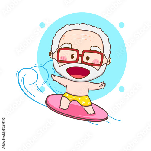 Cute old man surfing on sea. grandfather on surf board on ocean wave. Chibi cartoon character. Vector art illustration