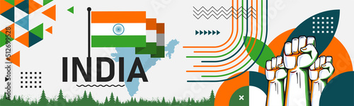 India national day banner with map, flag colors theme background and geometric abstract retro modern orange white green design. Indian independence day theme. South Asia Patriots Vector Illustration.