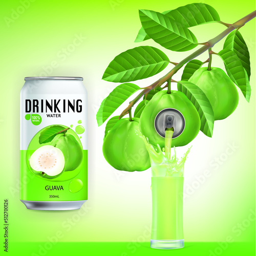 Fresh guava juice soft drink with lid aluminum can and drinking straw. Isolated on a white background. Healthy fruit drink concept. Realistic vector illustration.