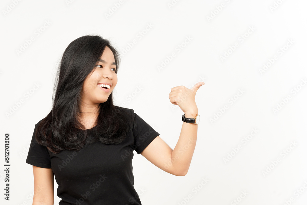 Presenting and Pointing Side Product Using Thumb of Beautiful Asian Woman Isolated On White Presenting and Pointing Side Product Using Thumb of Beautiful Asian Woman Isolated On White