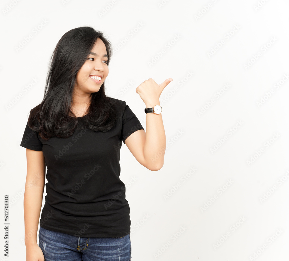 Presenting and Pointing Side Product Using Thumb of Beautiful Asian Woman Isolated On White Presenting and Pointing Side Product Using Thumb of Beautiful Asian Woman Isolated On White