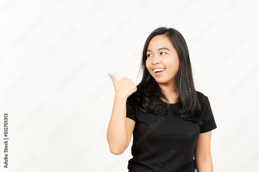 Presenting and Pointing Side Product Using Thumb of Beautiful Asian Woman Isolated On White Presenting and Pointing Side Product Using Thumb of Beautiful Asian Woman Isolated On White