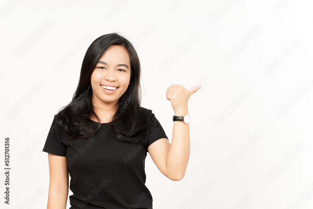 Presenting and Pointing Side Product Using Thumb of Beautiful Asian Woman Isolated On White Presenting and Pointing Side Product Using Thumb of Beautiful Asian Woman Isolated On White