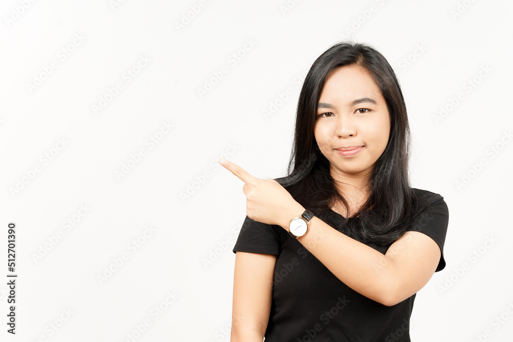 Showing Product and Pointing Side of Beautiful Asian Woman Isolated On White Background Showing Product and Pointing Side of Beautiful Asian Woman Isolated On White Background