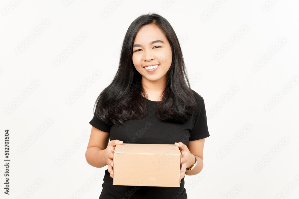 Holding Package Box or Cardboard Box and Give it To You of Beautiful Asian Woman Isolated On White Holding Package Box or Cardboard Box and Give it To You of Beautiful Asian Woman Isolated On White