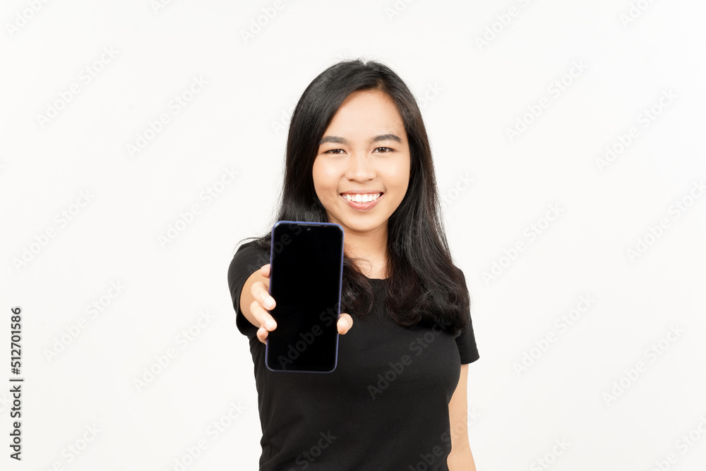 Showing Apps or Ads On Blank Screen Smartphone of Beautiful Asian Woman Isolated On White Background Showing Apps or Ads On Blank Screen Smartphone of Beautiful Asian Woman Isolated On White Background