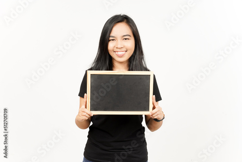 Showing, Presenting and holding Blank Blackboard of Beautiful Asian Woman Isolated On White