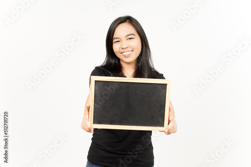 Showing, Presenting and holding Blank Blackboard of Beautiful Asian Woman Isolated On White