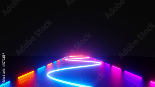 Fototapeta Naklejka Na Ścianę i Meble -  3d render of flash neon and light glowing on dark scene. Speed light moving lines.